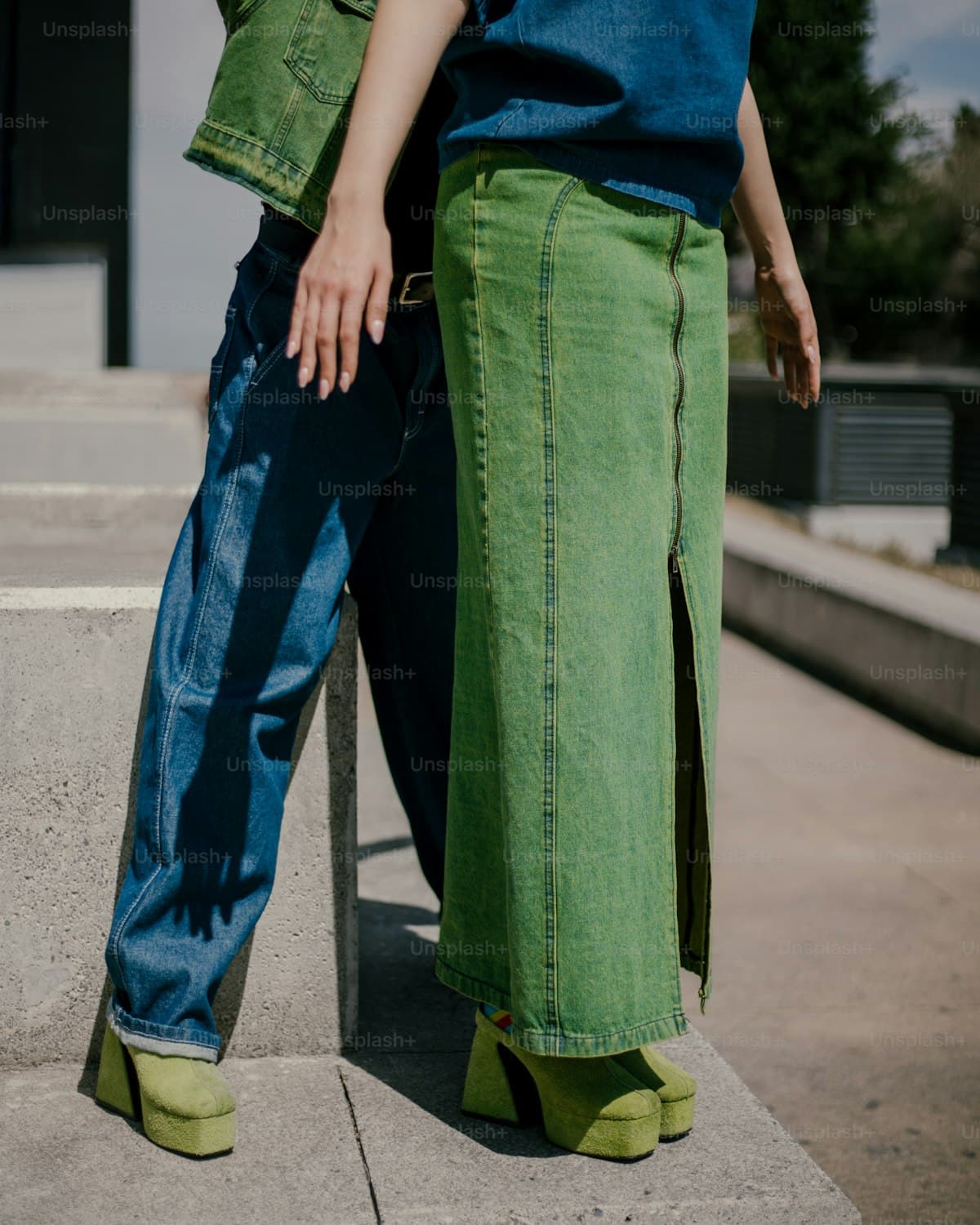 Mid-blue denim pencil midi skirt, front view